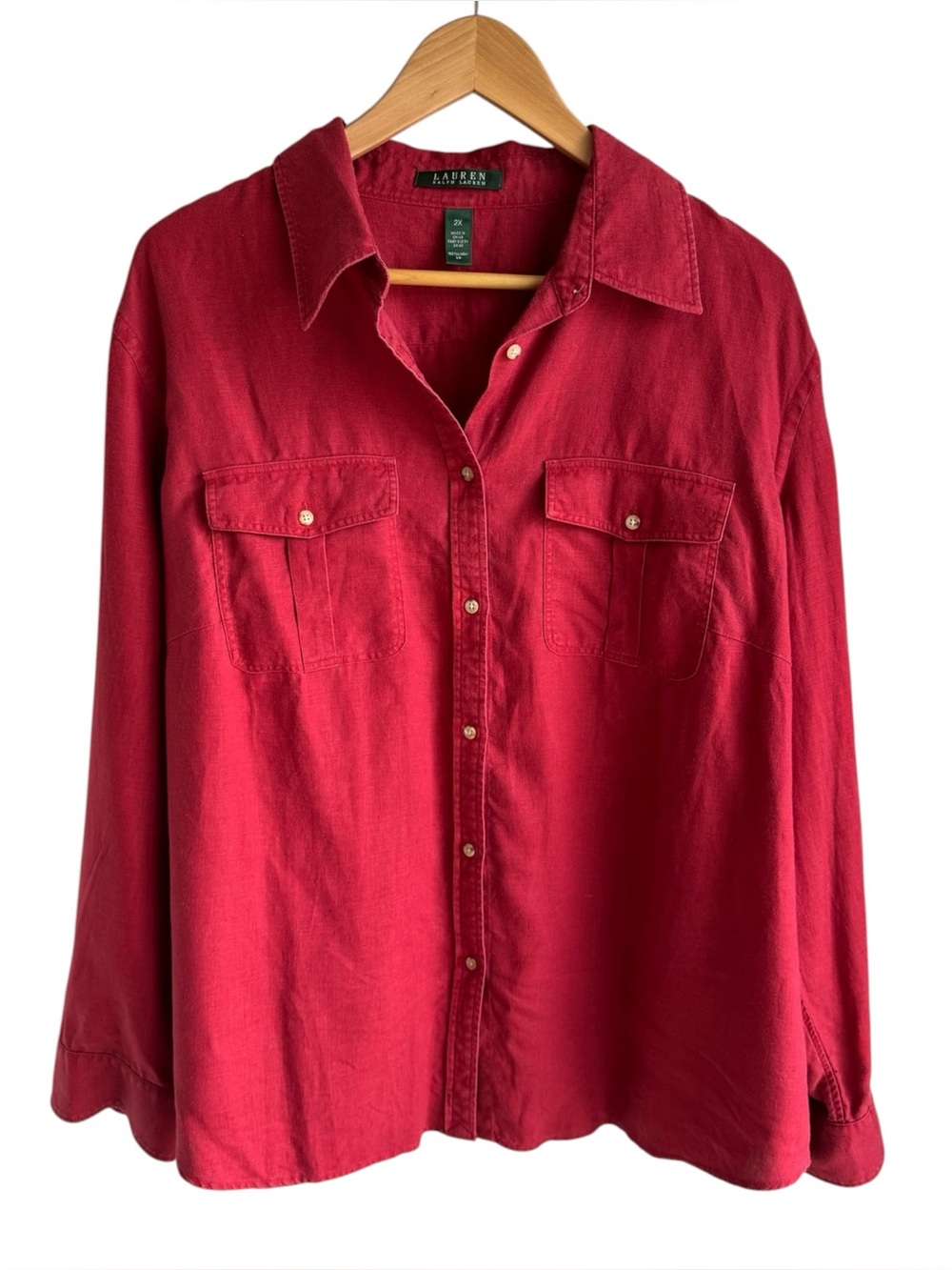 Ralph Lauren 100% Linen Shirt Sz 2X Burnt Red Button Down Top Boxy Blouse